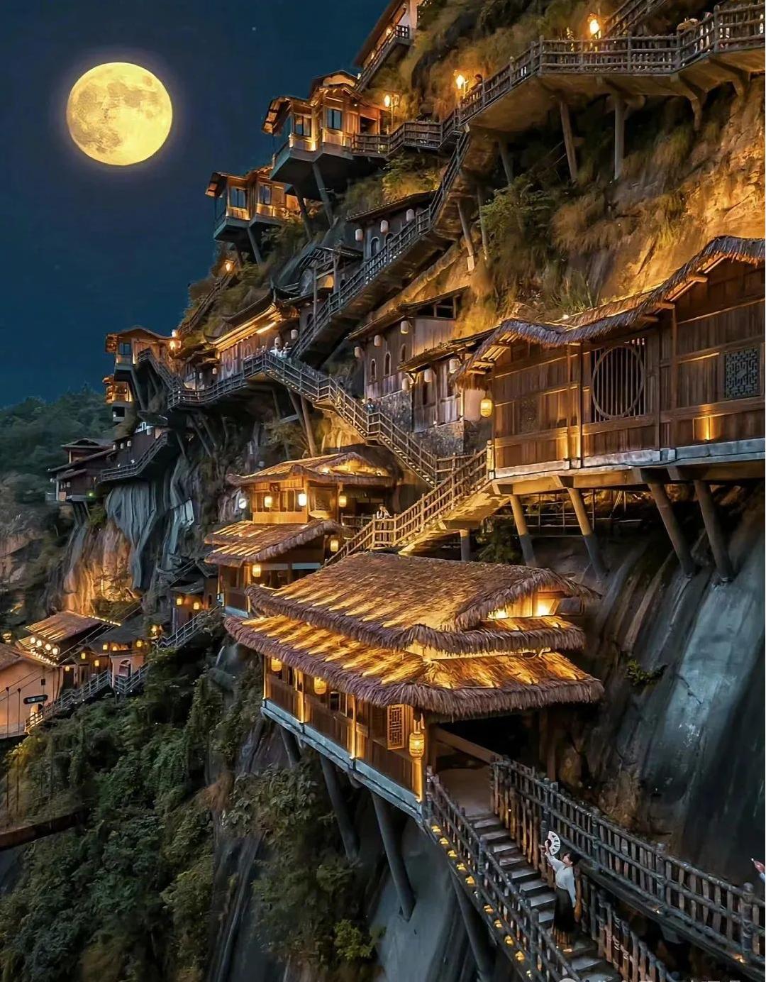 葛仙村夜景, 古建筑群在灯光映照下如梦似幻, 远山朦胧, 星空璀璨, 亲子家庭在观景台欣赏夜景